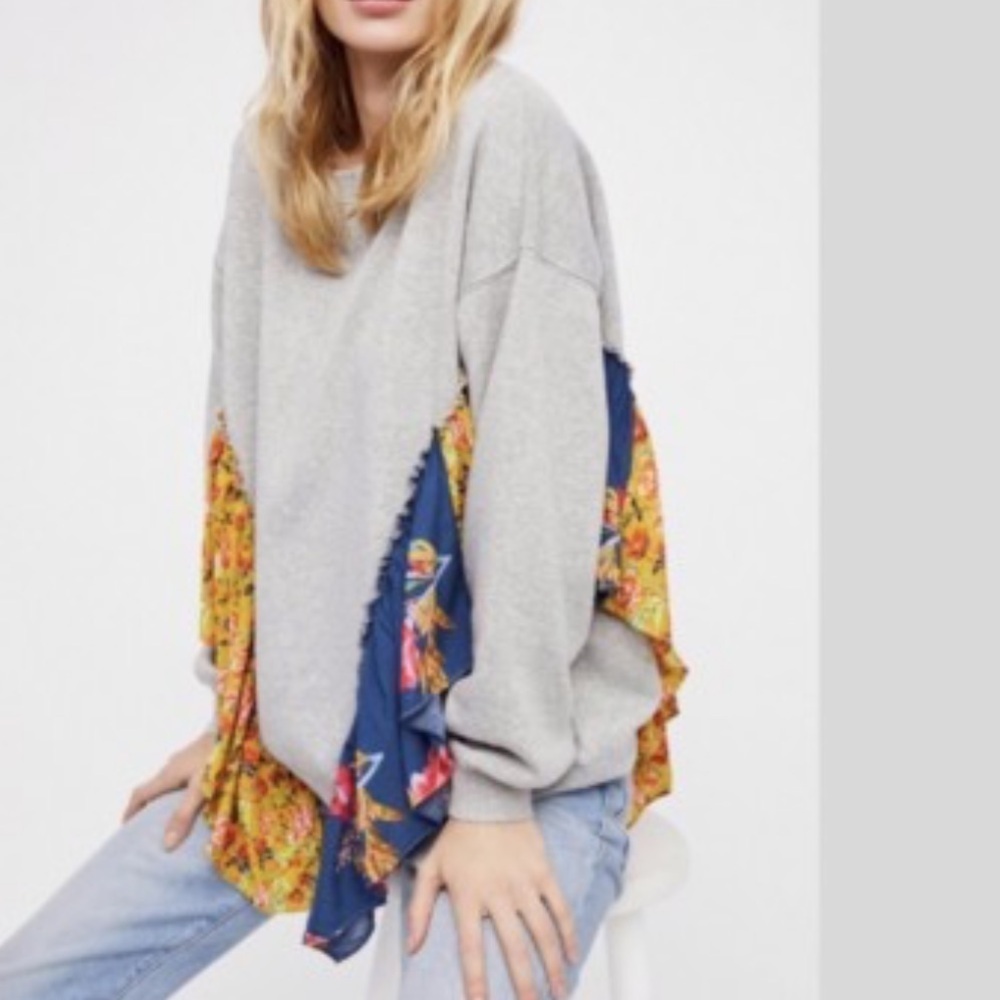Free People M She’s Just Cute Gray Sweatshirt with Floral Ruffle Accents